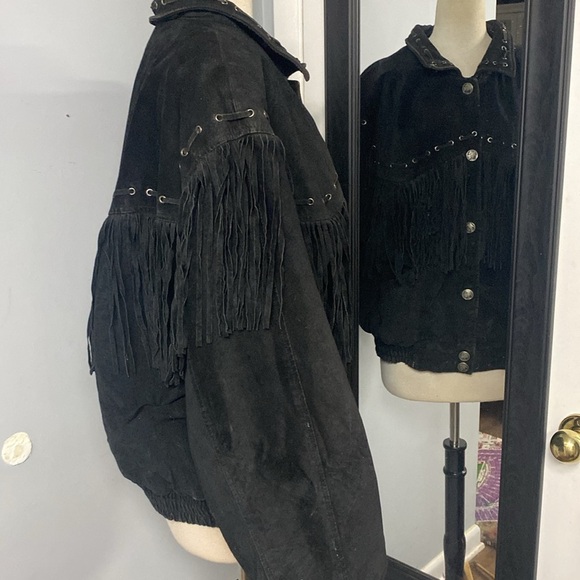 VNTG WILSON BLACK FRINGE WESTERN LEATHER JACKET W/SILVER INDIAN HEAD SNAPS - Picture 10 of 16